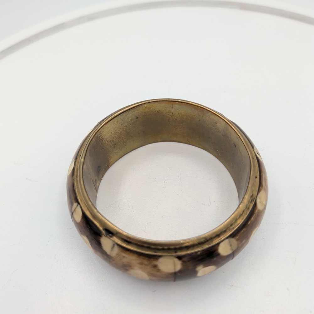 Vintage Brass Bangle Bracelet Inlaid‎ Batik Bone Polka Dot Boho Ethnic 7.5 - Picture 3 of 10
